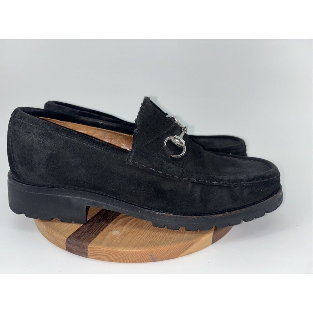 Gucci Men horsebit Loafers slipon US8 1/2D Black suede lug sole solid Gorgeous - Picture 6 of 16